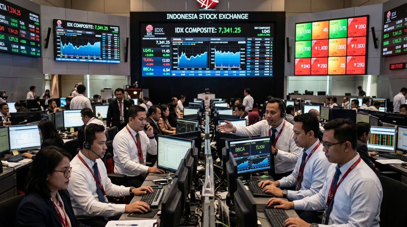 Lantai perdagangan Bursa Efek Indonesia di Jakarta dengan layar digital pergerakan indeks saham