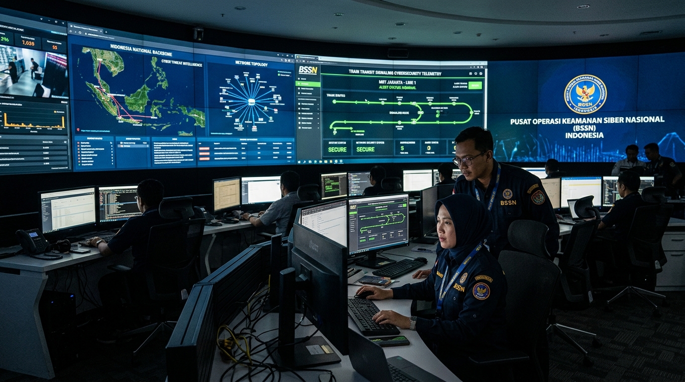 Ruang Pusat Operasi Keamanan Siber Nasional BSSN dengan layar pantau telemetri telekomunikasi